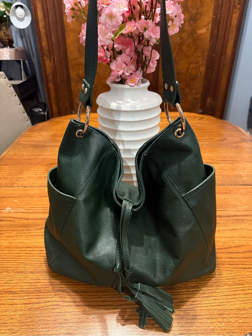 Laggo Green Genuine Leather Tassel Hobo Shoulder Bag